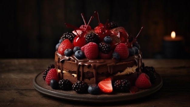 A cake with chocolate and berries on it