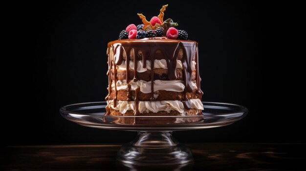 a cake with chocolate frosting and berries on a plate