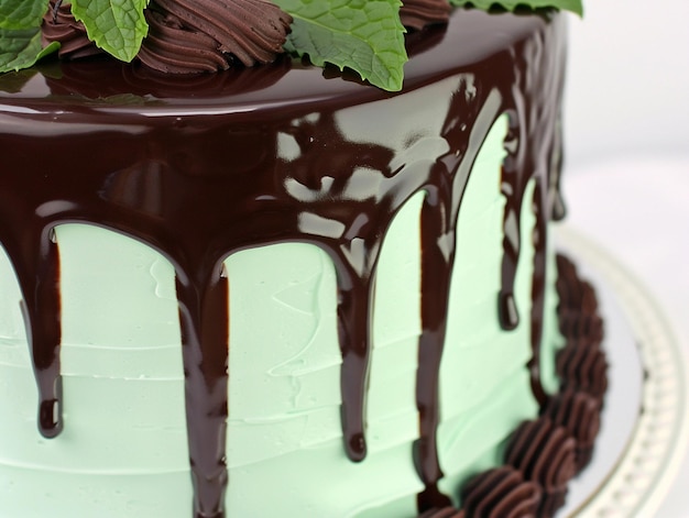 Photo a cake with chocolate frosting and a green leaf on the top