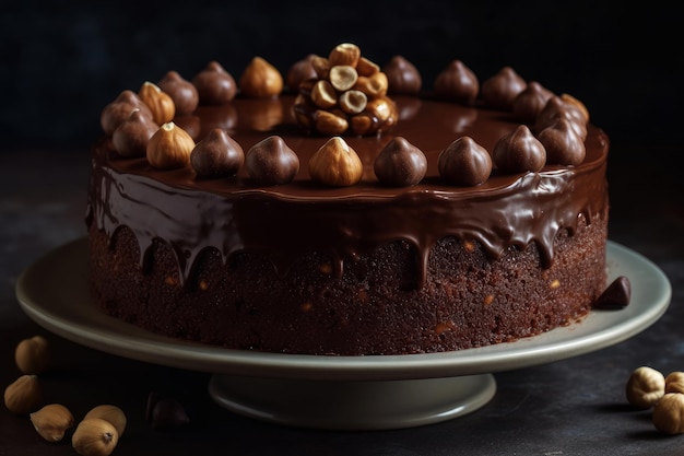 A cake with a chocolate frosting and nuts on top