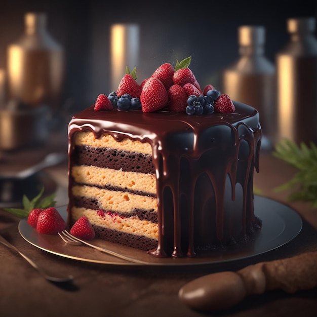 A cake with chocolate icing and berries on top of it