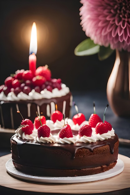 A cake with chocolate icing and a candle