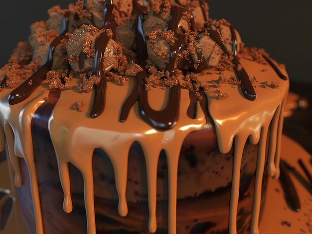 Photo a cake with chocolate icing and drizzled on the top