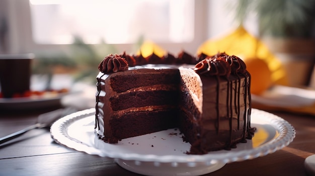 A cake with chocolate icing and a piece missing from it