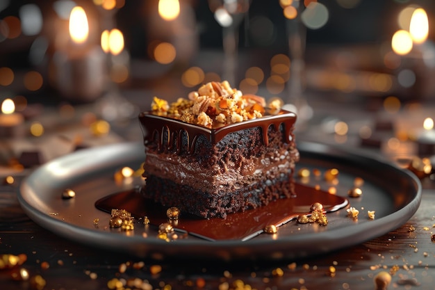 Photo a cake with chocolate and nuts on it sits on a plate