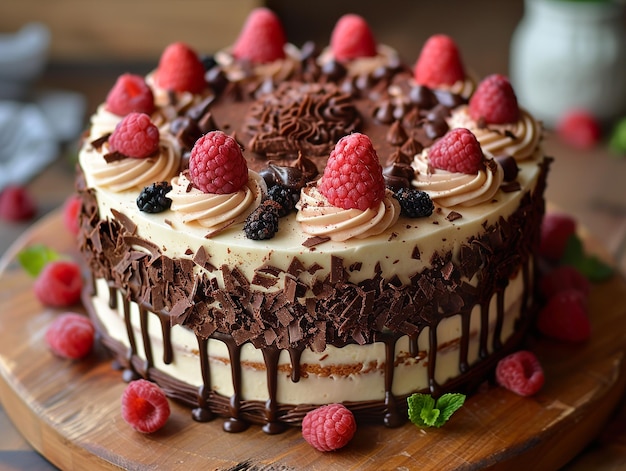 a cake with chocolate and raspberries on it