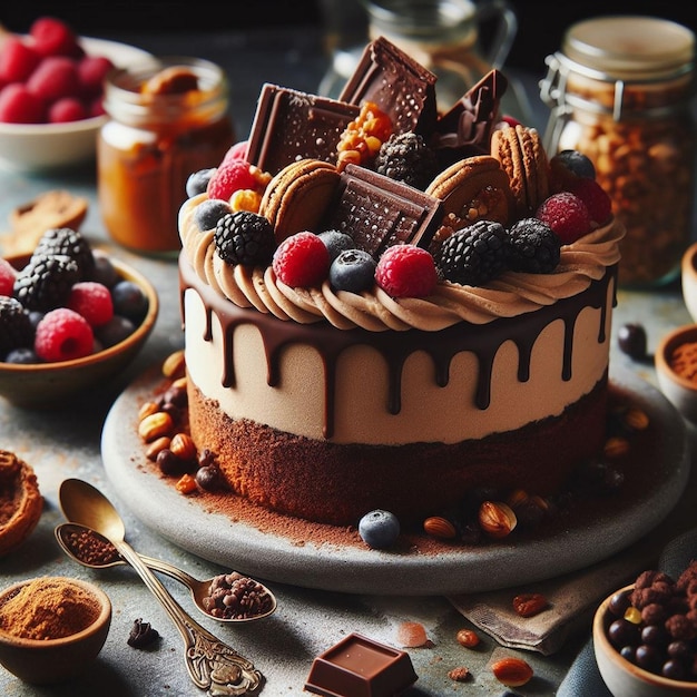 a cake with chocolate and raspberries on it