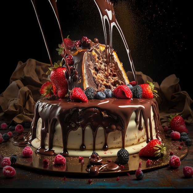 A cake with chocolate and raspberries on it