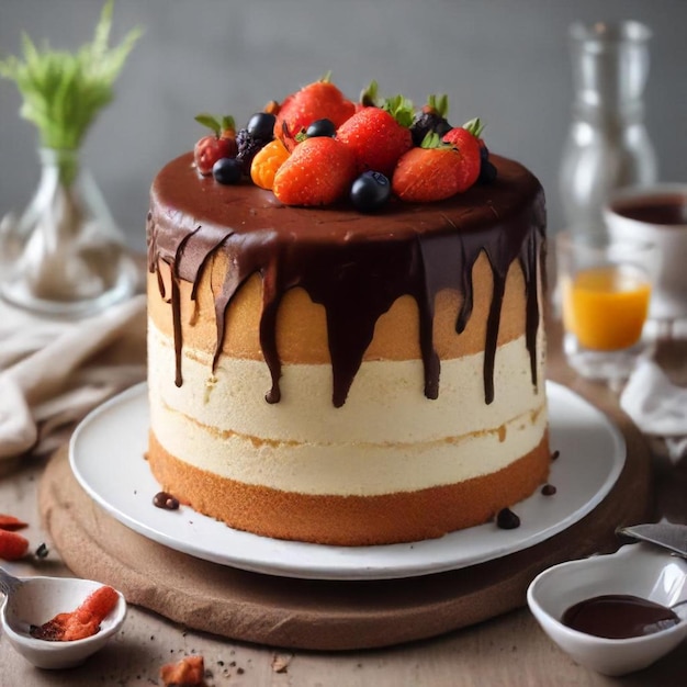 a cake with chocolate syrup and strawberries on a plate