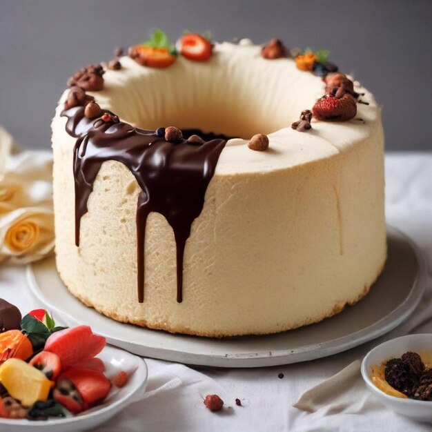 a cake with chocolate syrup and strawberries on a table