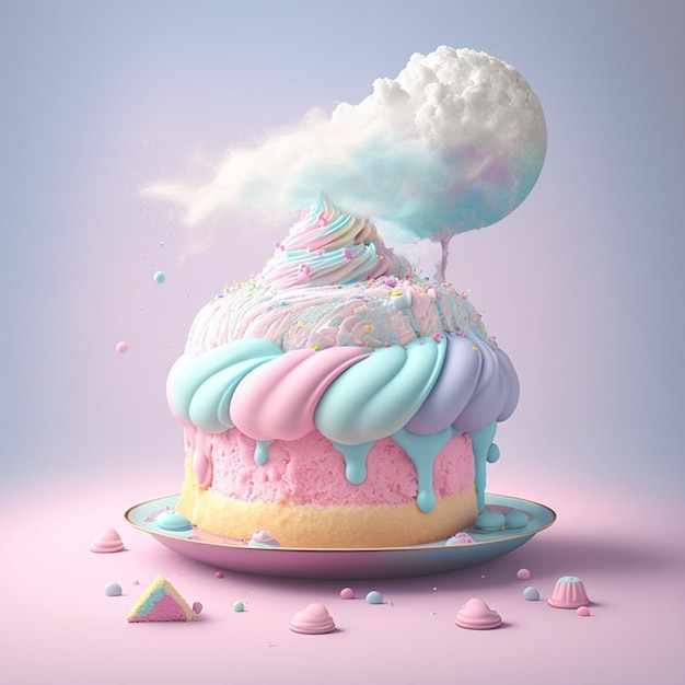 A cake with a cloud on top and a pink cake on top.