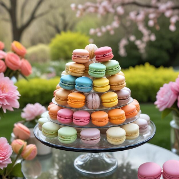 Photo a cake with colorful icing and colorful cookies on a platter