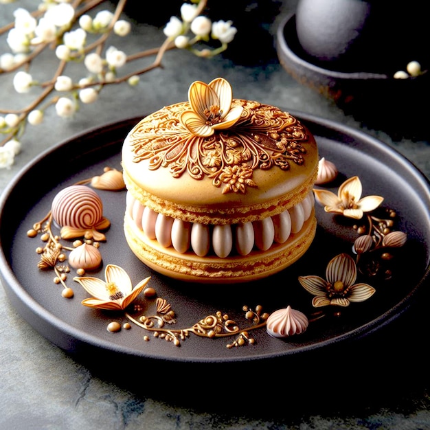 A cake with cookies and flowershaped cream with a few cookies on a plate generated by AI