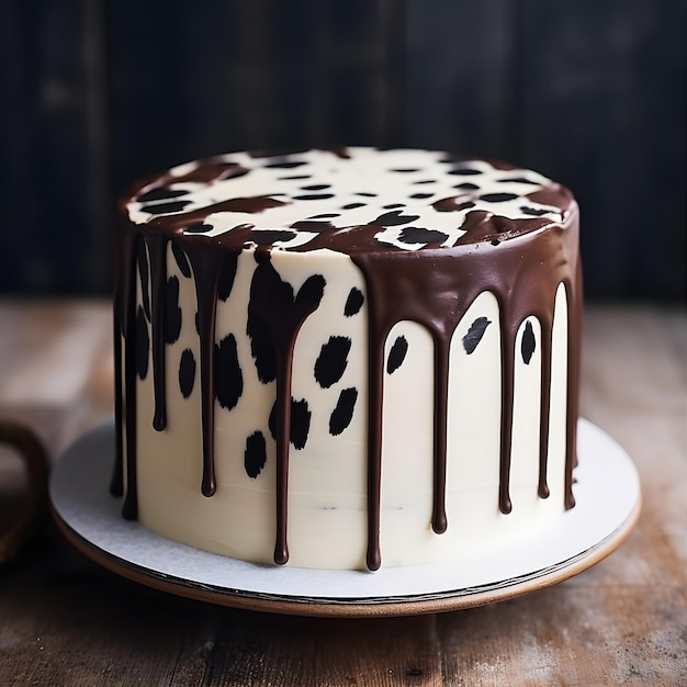 a cake with a cow on it that has black dots on it