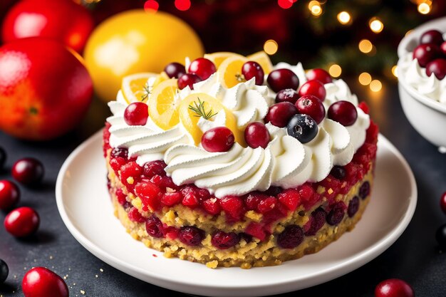 A cake with cranberries and lemons on a plate