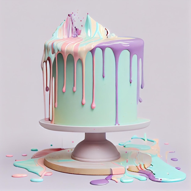 A cake with a drip on it and a pink and purple cake on the bottom.