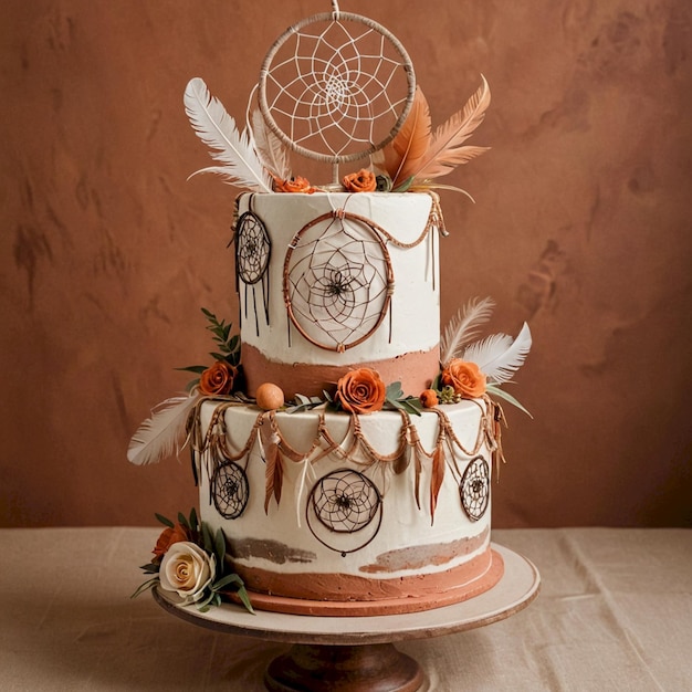 Photo a cake with feathers and feathers on it is decorated with feathers and feathers