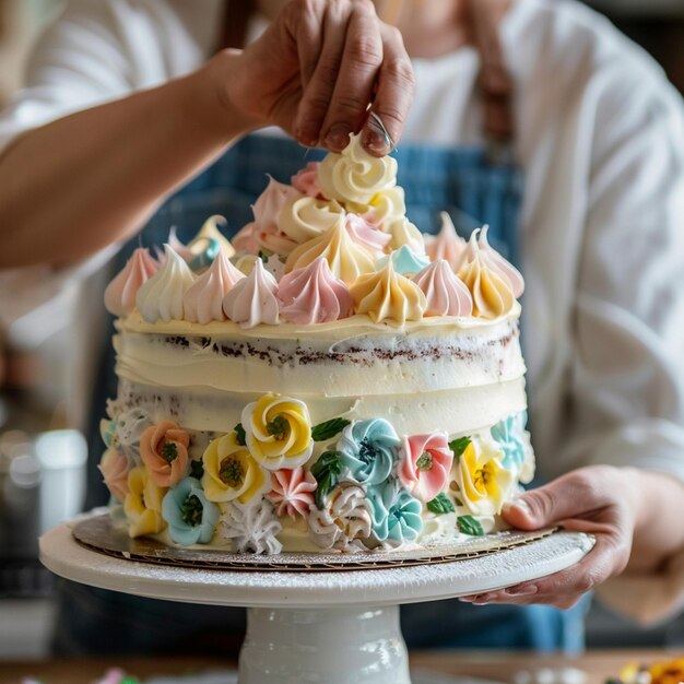 Photo a cake with a flower design on the top and a woman pouring icing on it