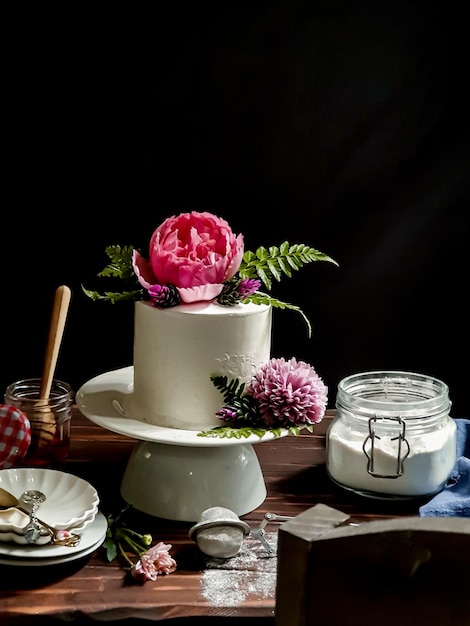 A cake with a flower on it and a jar of butter on the table.