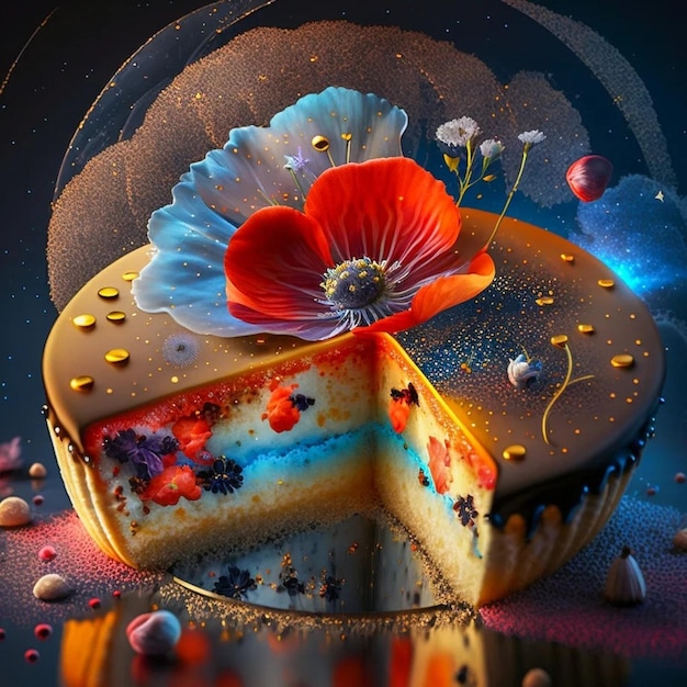 A cake with a flower on it and a piece of cake on it.