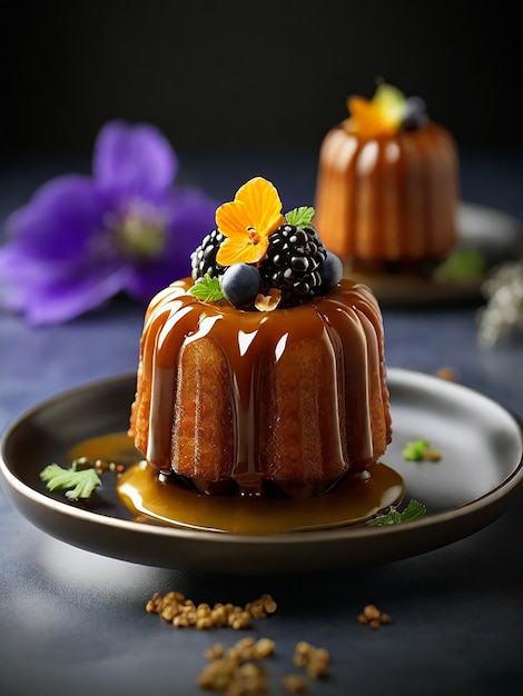 a cake with a flower on it sits on a plate with purple and yellow icing