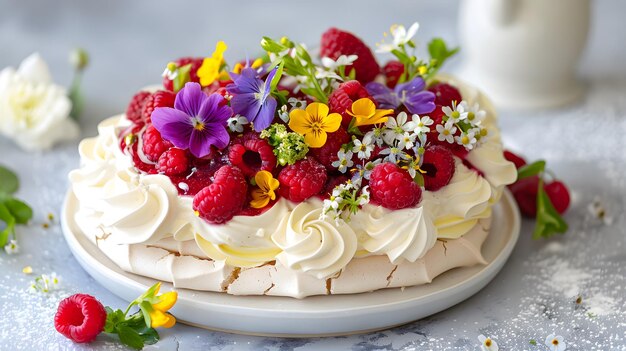 a cake with flowers and berries on it sits on a table