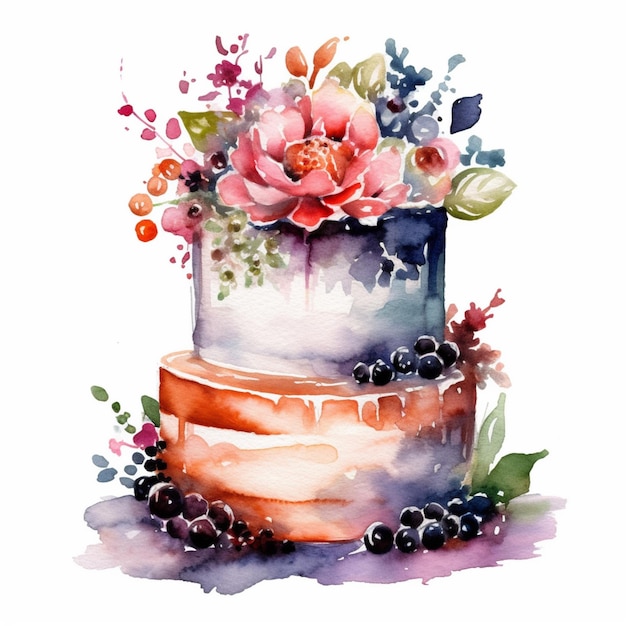 A cake with flowers and berries painted in watercolor