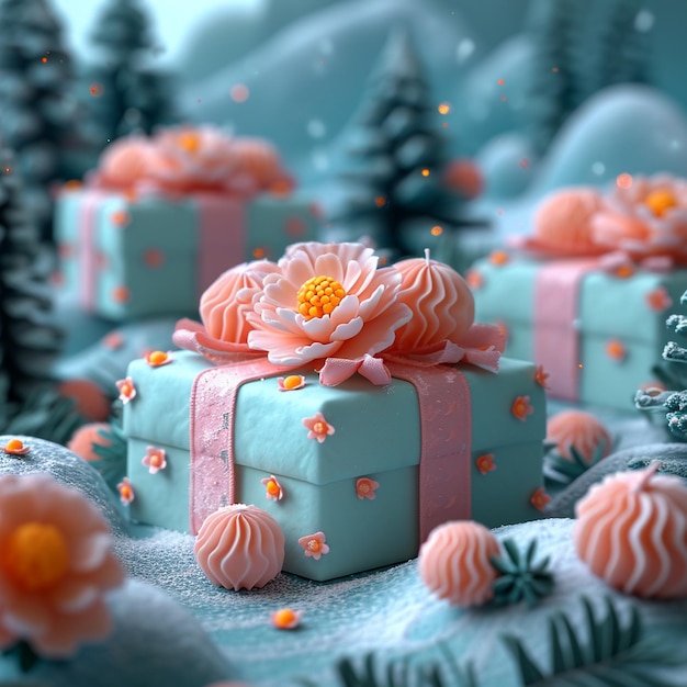 Photo a cake with flowers and a box with a pink flower on it