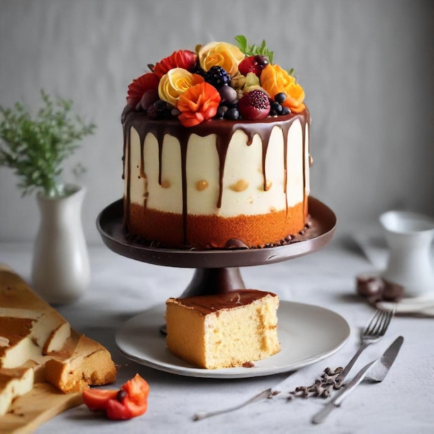 a cake with flowers and fruit on a table