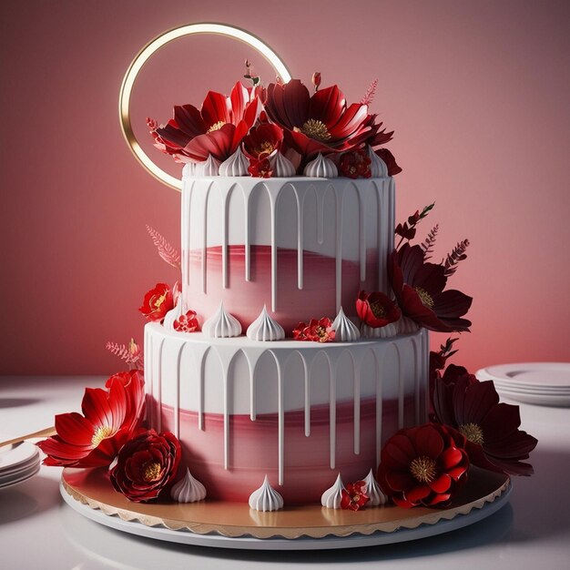 Photo a cake with flowers on it is decorated with red flowers