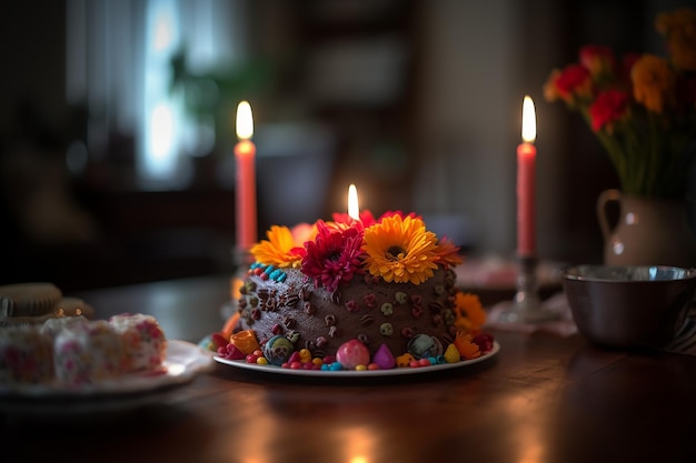 A cake with flowers on it is on a table with a plate and a plate with a piece of cake on it.