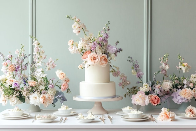 Photo a cake with flowers on it is on a table