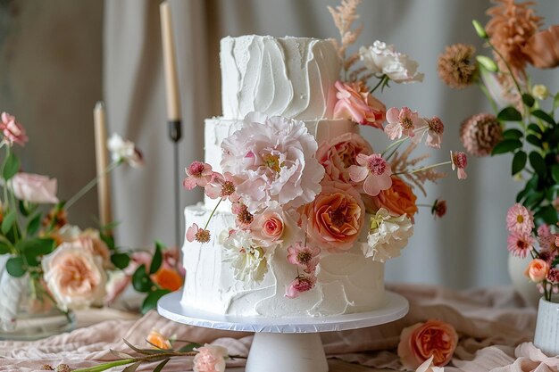 Photo a cake with flowers on it and a pink flower on the top