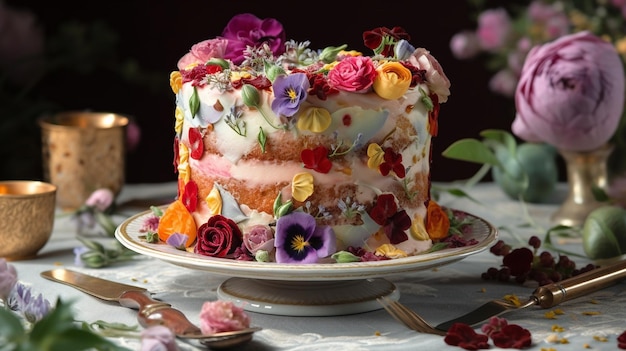 A cake with flowers on it and a plate with a cake on it