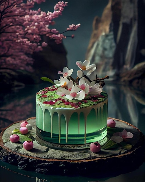 A cake with flowers on it and a tree in the background