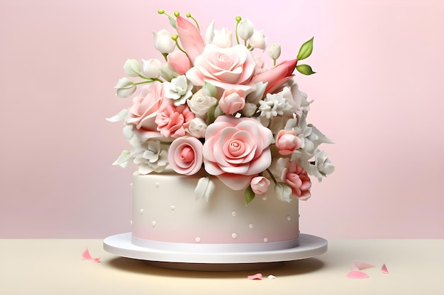 Cake with flowers on a pink background Ai Generated