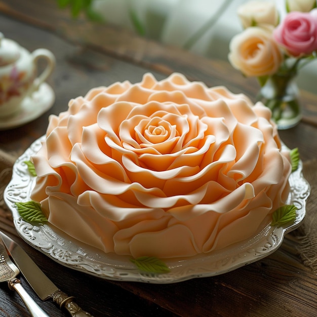 a cake with flowers on a plate and a fork is on a table