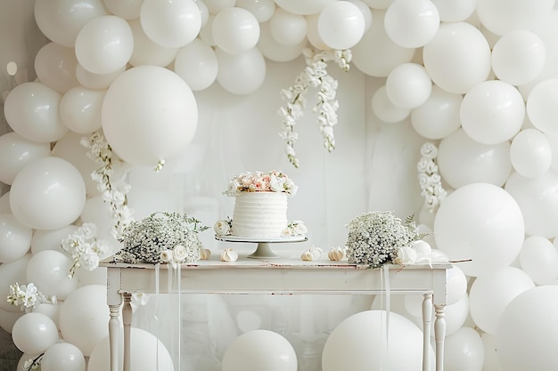 a cake with flowers resting on a white table There are balloons all around the table and they are white Generative AI