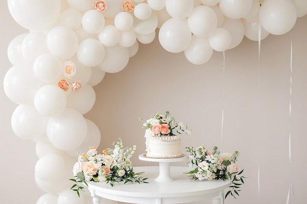 a cake with flowers resting on a white table There are balloons all around the table and they are white Generative AI