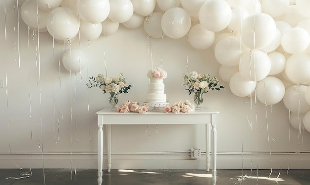 a cake with flowers resting on a white table There are balloons all around the table and they are white Generative AI