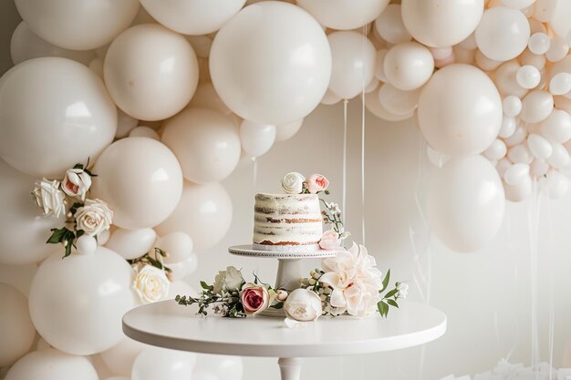 a cake with flowers resting on a white table There are balloons all around the table and they are white Generative AI