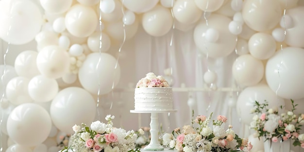 a cake with flowers resting on a white table There are balloons all around the table and they are white Generative AI