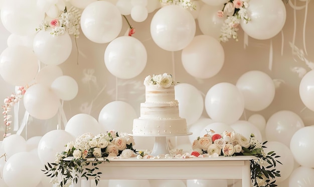 a cake with flowers resting on a white table There are balloons all around the table and they are white Generative AI