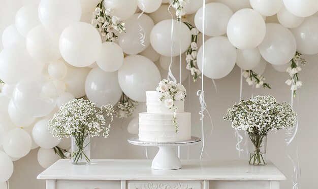 a cake with flowers resting on a white table There are balloons all around the table and they are white Generative AI