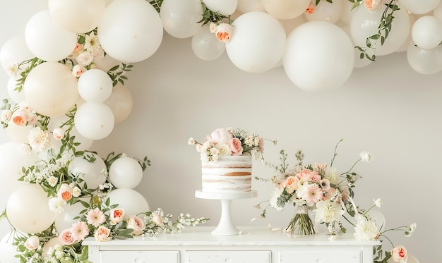 a cake with flowers resting on a white table There are balloons all around the table and they are white Generative AI