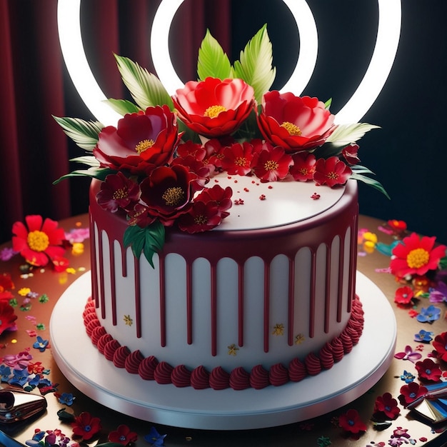 Photo a cake with flowers and a sign that says quot happy birthday quot