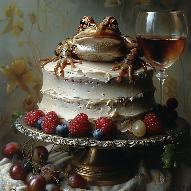 Cake with Frog and Wine Glass