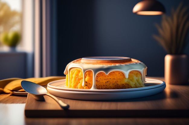 A cake with a frosting on it and a spoon on a table.