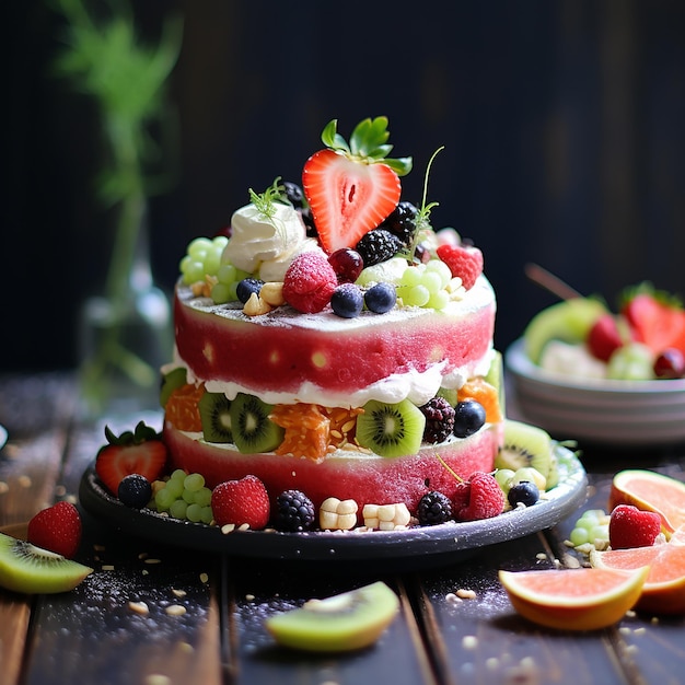 a cake with fruit and berries on it sits on a table