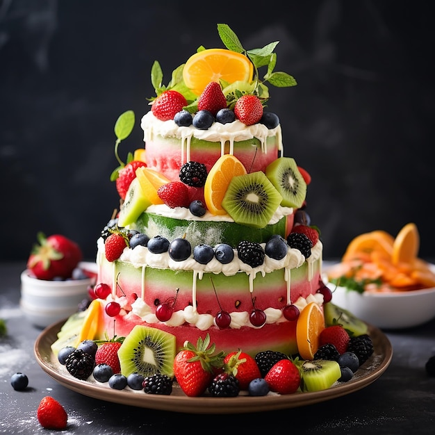 a cake with fruit and berries on it sits on a table